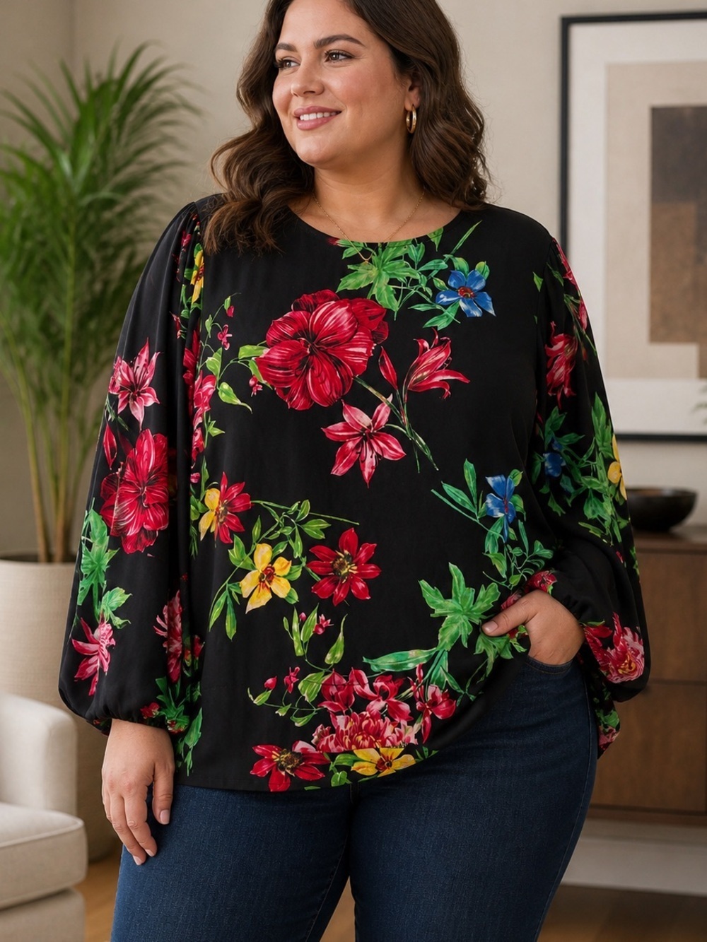 ✨ Joseph Ribkoff Black Floral Blouse – Size 14